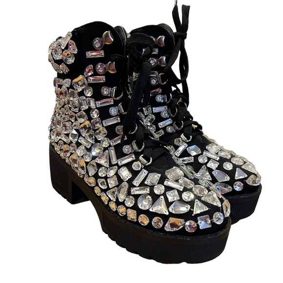 Akira Azalea Wang Tryna Black Lace-up Crystallized Gems Bootie 7 - Picture 12 of 13